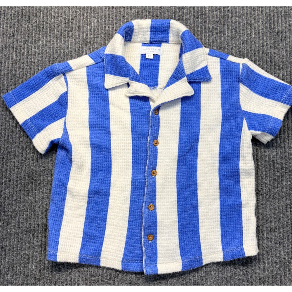 Grayson Mini Boys 5T Blue White Striped Waffle Knit Button Down Shirt Short Slv